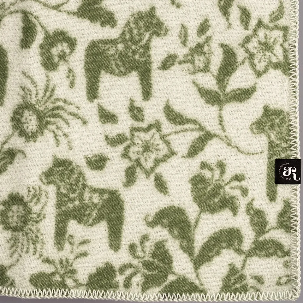 Arvidssons textil Babyfiltar|Ullplädar|Barnfilt Leksand grön 65x95cm med dalahästar och kurbits