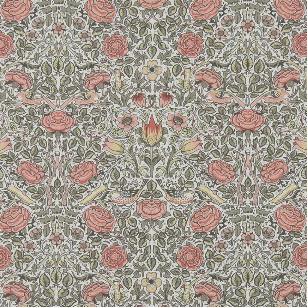 Arts & Crafts Tyger|Gardintyger Mönstrade|Birds and roses aprikos tyg