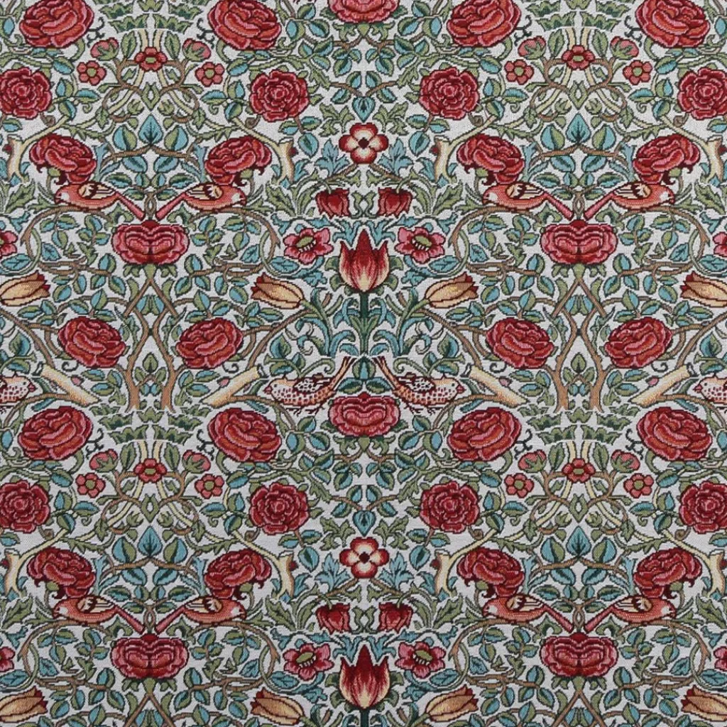 Nordisk Textil Mönstrade Möbeltyger|Birds and roses grön-röd Gobelängtyg