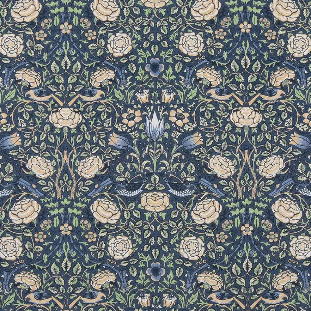 Arts & Crafts Tyger|Gardintyger Mönstrade|Birds and roses marin tyg