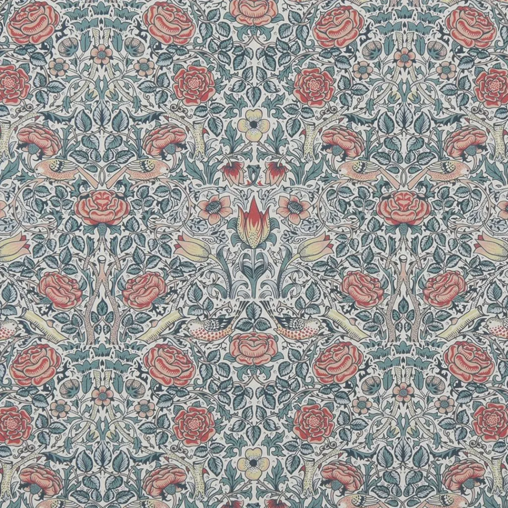 Arts & Crafts Tyger|Gardintyger Mönstrade|Birds and roses petrol tyg