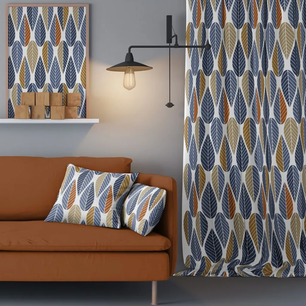 Arvidssons textil Gardiner Mönstrade|Blader blå gardiner