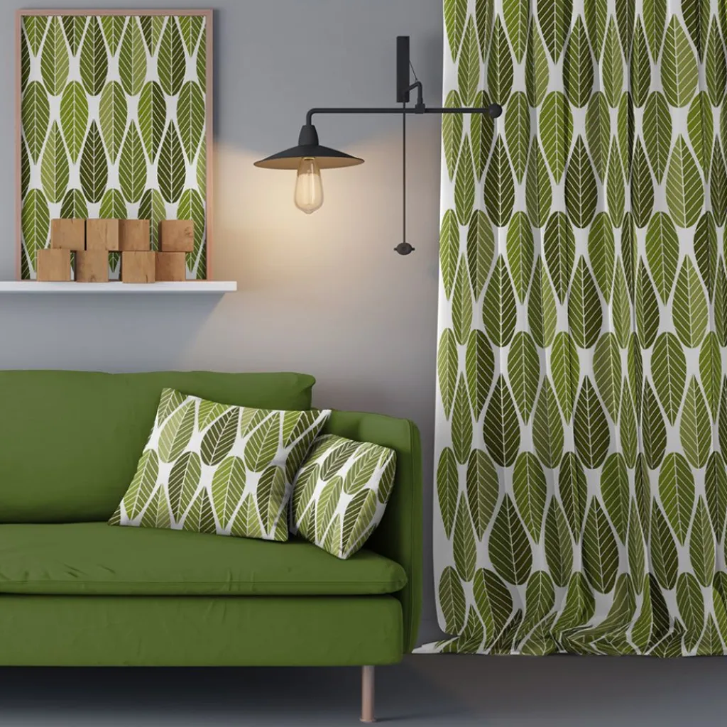 Arvidssons textil Gardiner Mönstrade|Blader grön gardiner