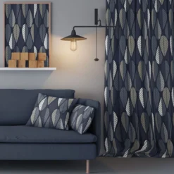 Arvidssons textil Gardiner Mönstrade|Blader mörkblå gardiner
