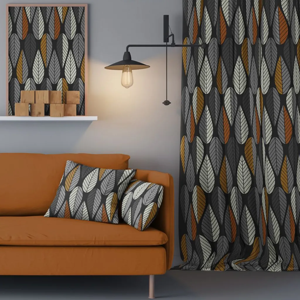 Arvidssons textil Gardiner Mönstrade|Blader svart-orange gardiner