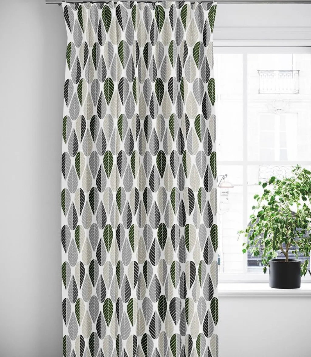 Arvidssons textil Gardiner Mönstrade|Blader vit-grå gardiner