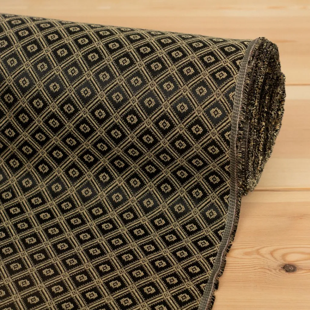 Nordisk Textil Rutiga Möbeltyger|Mönstrade Möbeltyger|Borgholm svart-guld - rutigt möbeltyg i klassisk stil