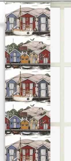 Arvidssons textil Panelgardiner|Bryggviken panelgardiner med Smögens sjöbodar