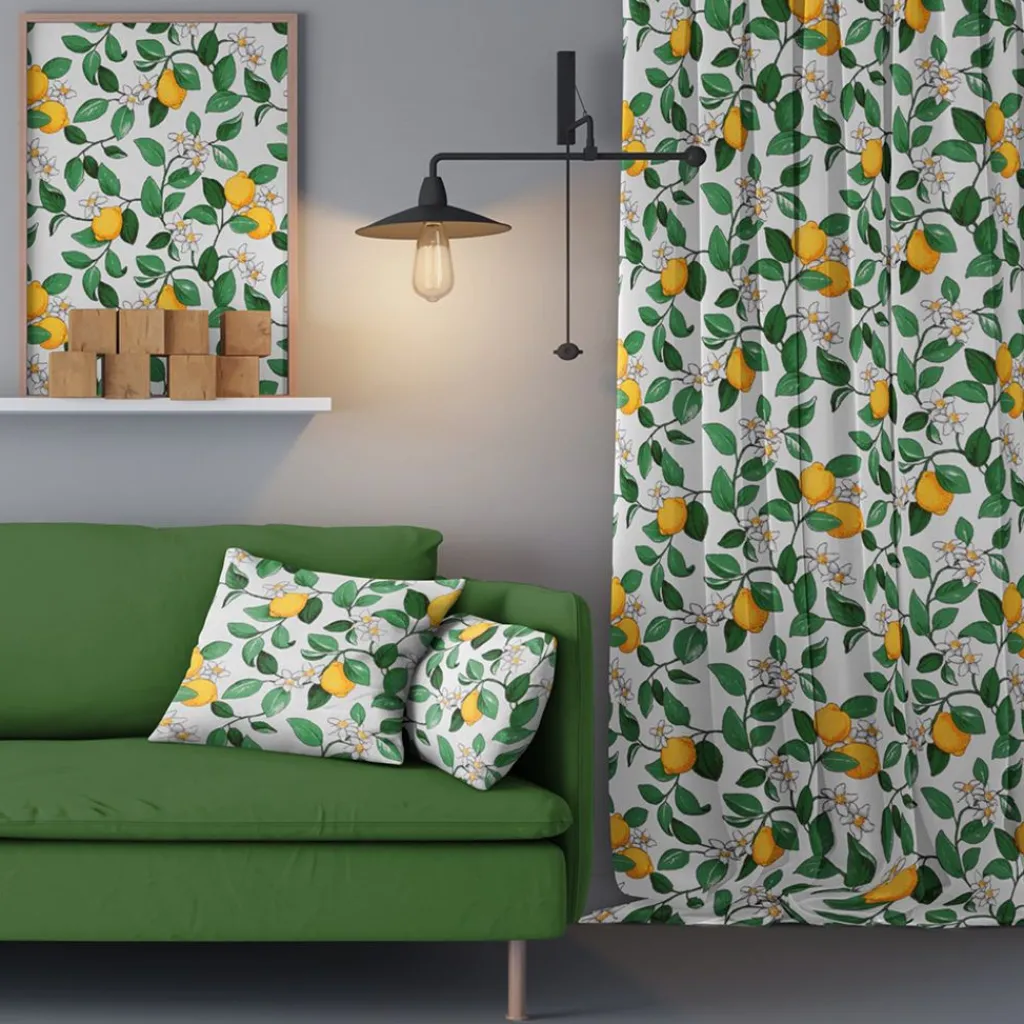 Arvidssons textil Gardintyger Mönstrade|Arvidssons Textil|Citronlycka vit tyg med citroner