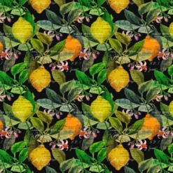 Arvidssons textil Gardintyger Mönstrade|Arvidssons Textil|Citrus svart tyg – Elegans med färgstarka citrusdetaljer