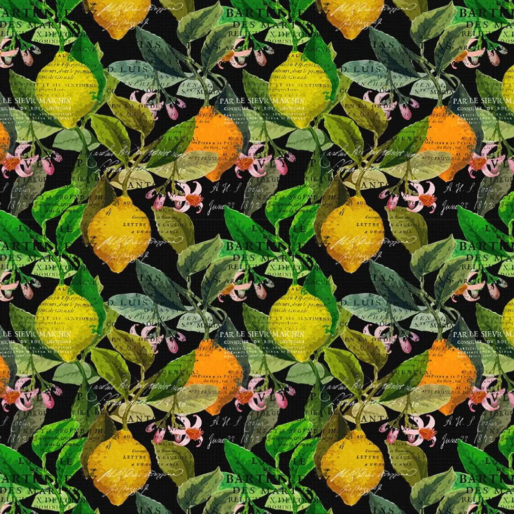 Arvidssons textil Gardintyger Mönstrade|Arvidssons Textil|Citrus svart tyg – Elegans med färgstarka citrusdetaljer