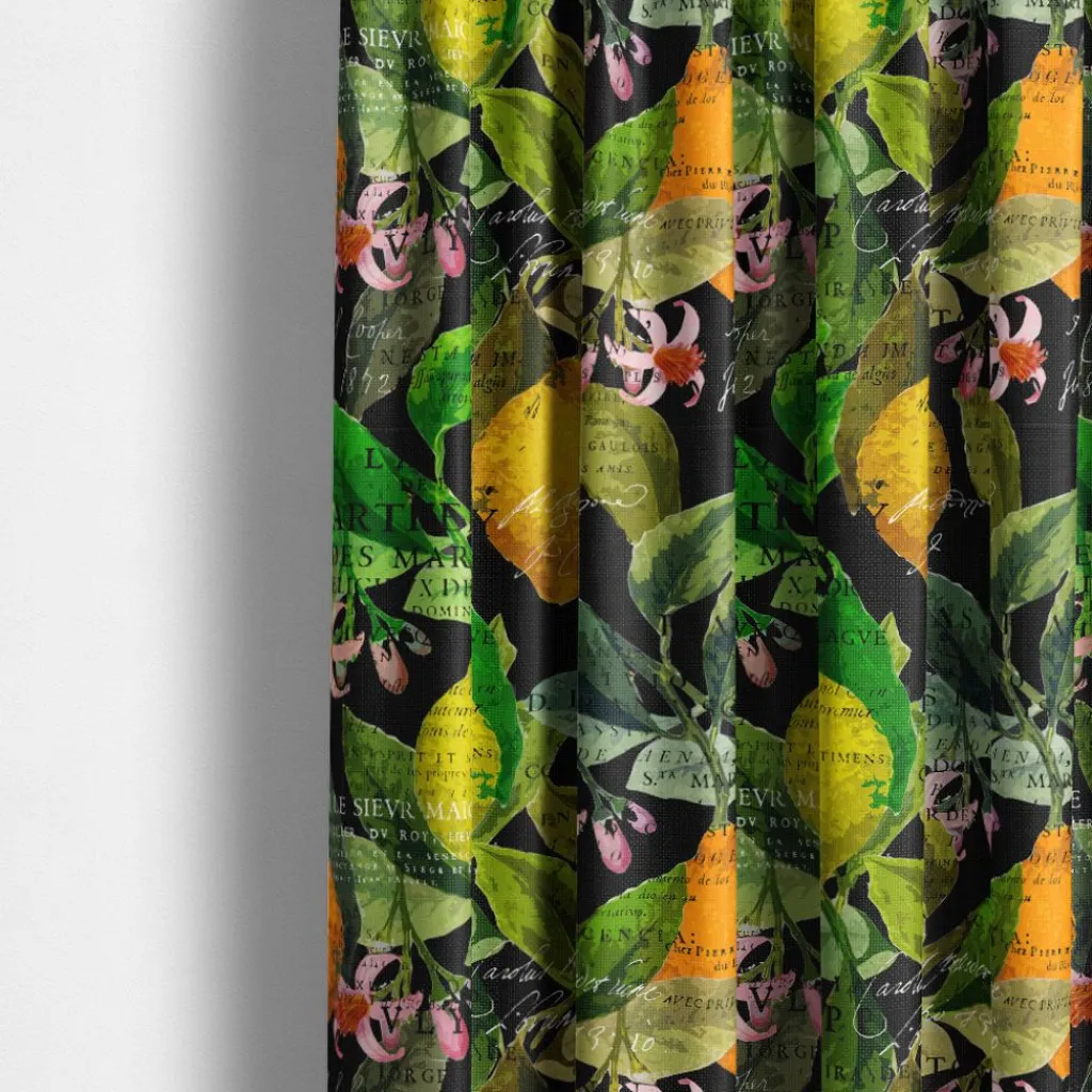 Arvidssons textil Gardintyger Mönstrade|Arvidssons Textil|Citrus svart tyg – Elegans med färgstarka citrusdetaljer