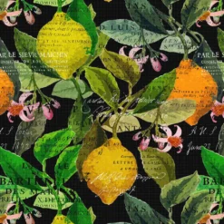 Arvidssons textil Gardintyger Mönstrade|Arvidssons Textil|Citrus svart tyg – Elegans med färgstarka citrusdetaljer
