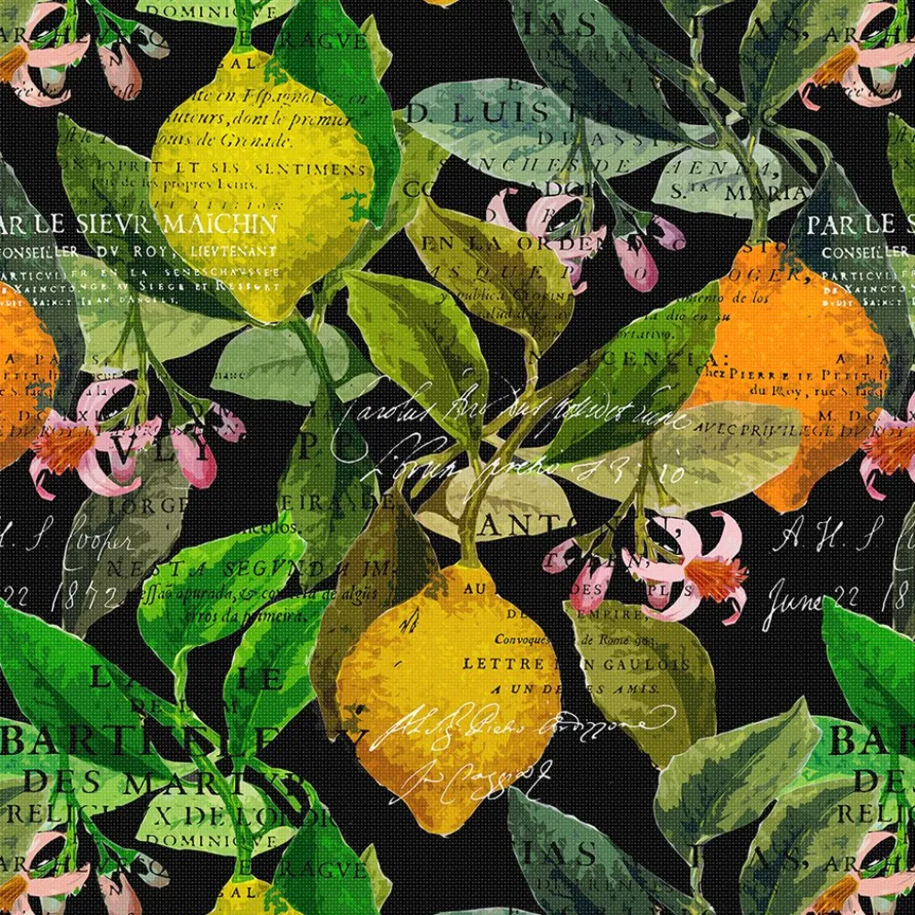 Arvidssons textil Gardintyger Mönstrade|Arvidssons Textil|Citrus svart tyg – Elegans med färgstarka citrusdetaljer