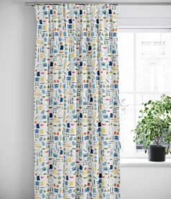 Arvidssons textil Gardiner Mönstrade|Dinner blå gardiner med retro köksmotiv
