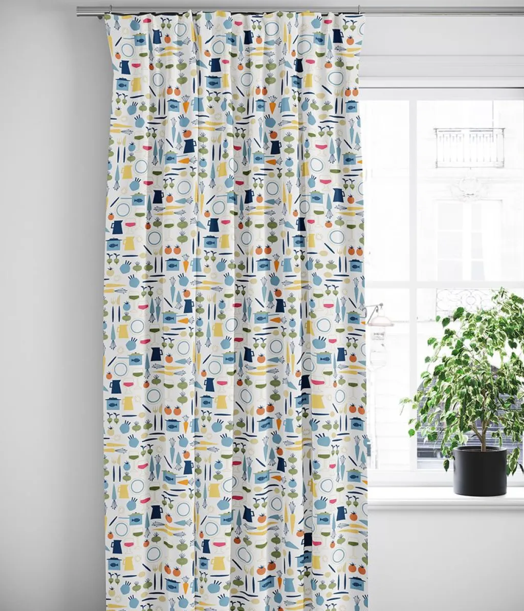 Arvidssons textil Gardiner Mönstrade|Dinner blå gardiner med retro köksmotiv