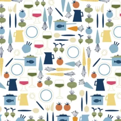 Arvidssons textil Gardintyger Mönstrade|Arvidssons Textil|Dinner blå tyg med retro köksmotiv
