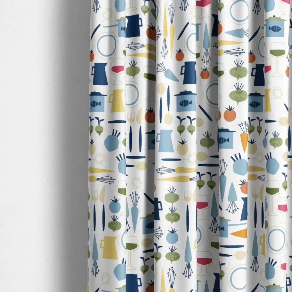 Arvidssons textil Gardintyger Mönstrade|Arvidssons Textil|Dinner blå tyg med retro köksmotiv