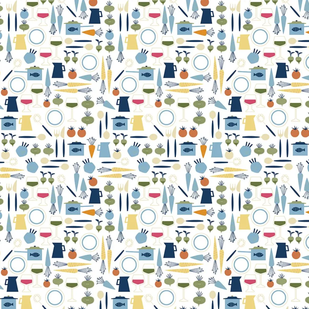Arvidssons textil Gardintyger Mönstrade|Arvidssons Textil|Dinner blå tyg med retro köksmotiv