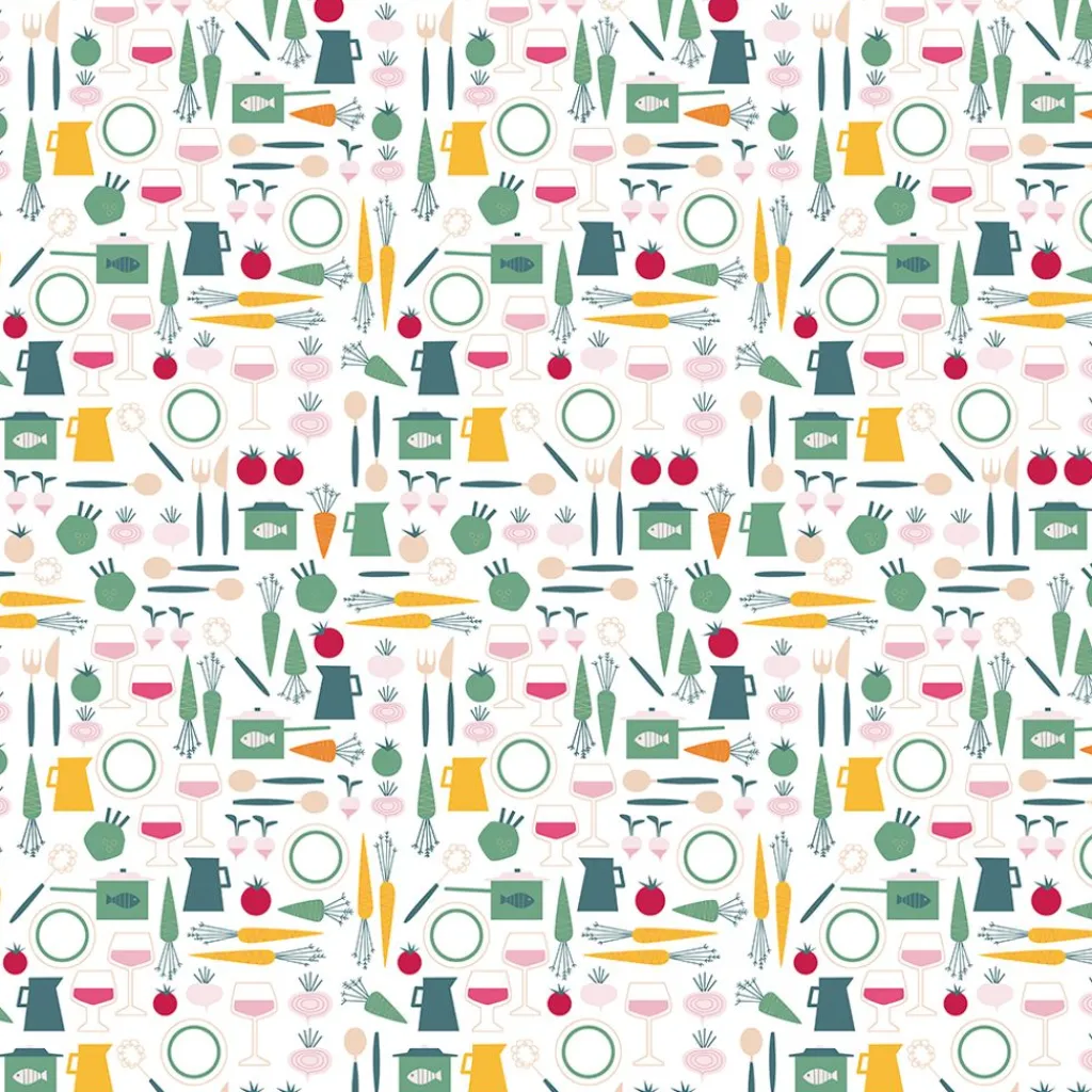Arvidssons textil Gardintyger Mönstrade|Arvidssons Textil|Dinner grön tyg med retro köksmotiv