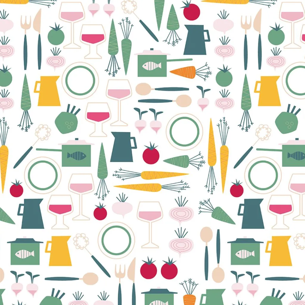 Arvidssons textil Gardintyger Mönstrade|Arvidssons Textil|Dinner grön tyg med retro köksmotiv