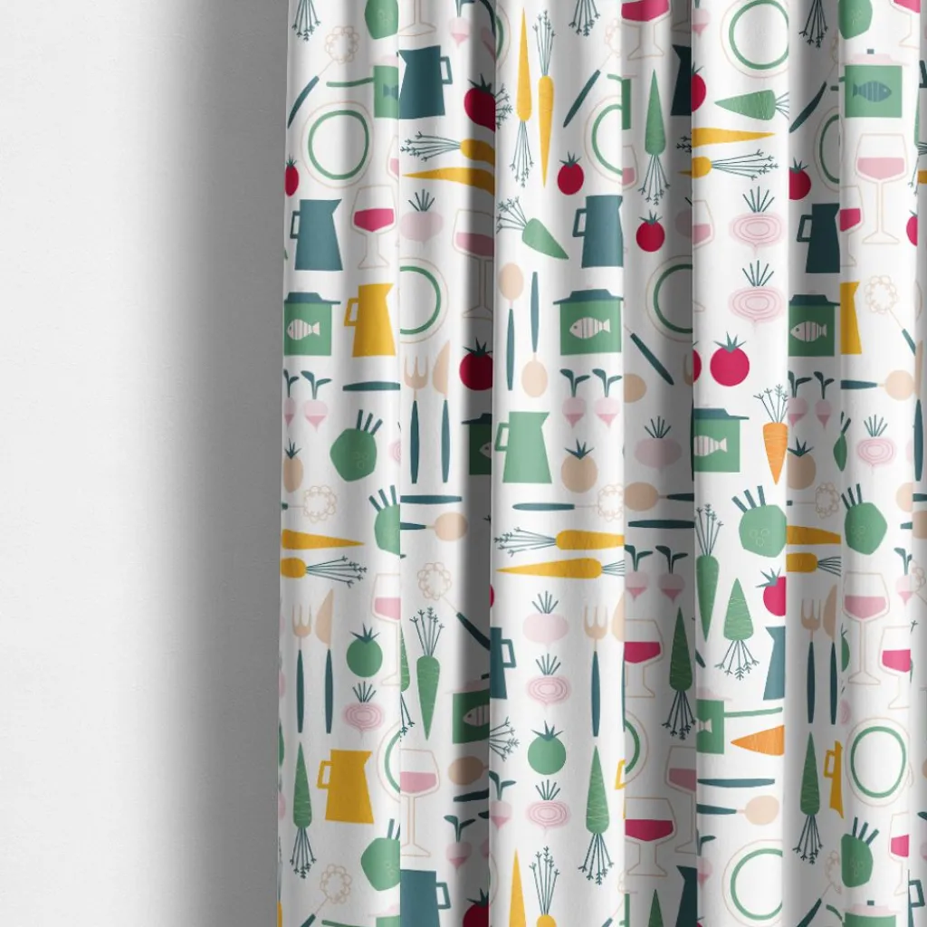 Arvidssons textil Gardintyger Mönstrade|Arvidssons Textil|Dinner grön tyg med retro köksmotiv