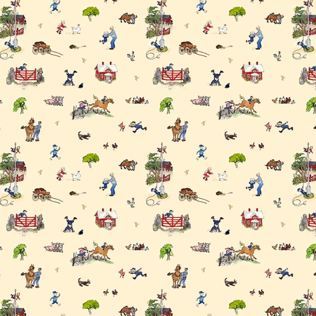 Barn Arvidssons textil Gardintyger Mönstrade|Barnmönster|Emil i Katthult beige tyg