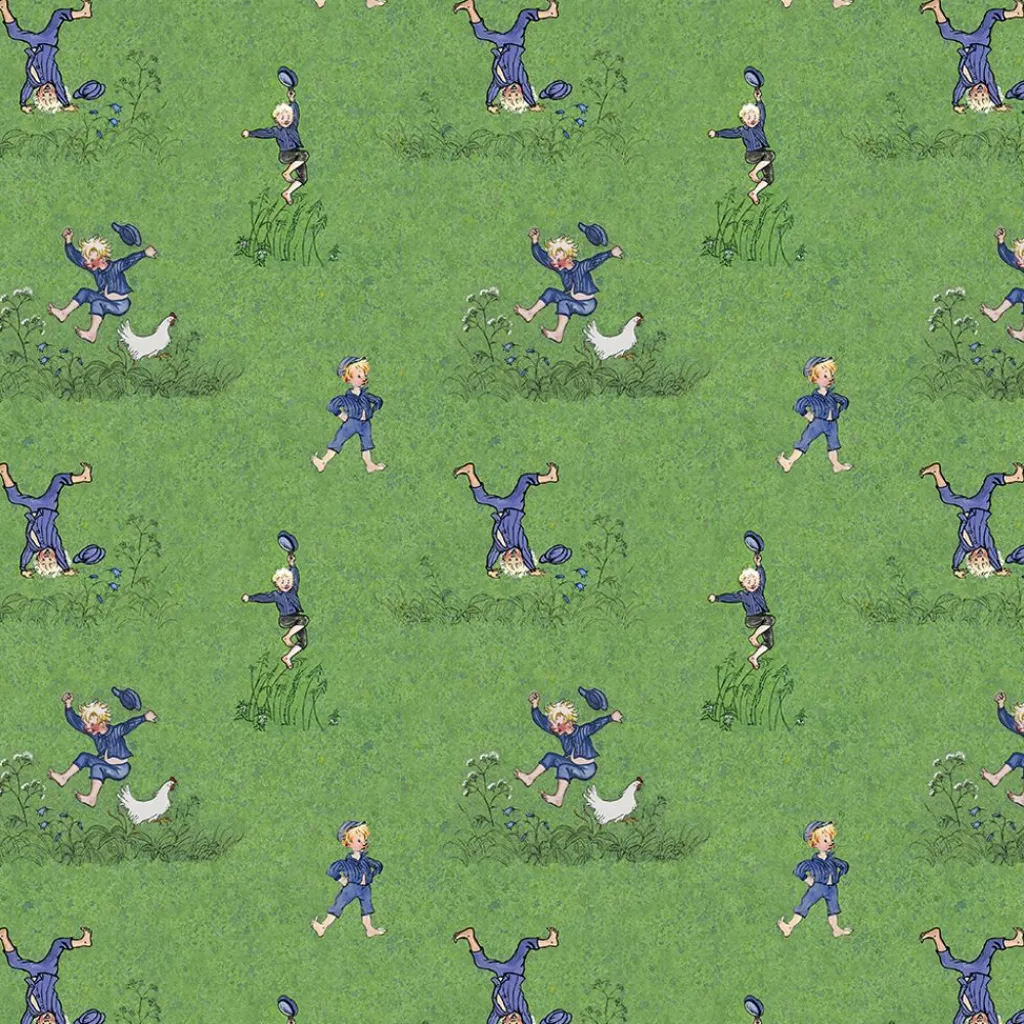 Barn Arvidssons textil Gardintyger Mönstrade|Barnmönster|Emils Glädjeskutt grön bomullstyg – Emil i Lönneberga