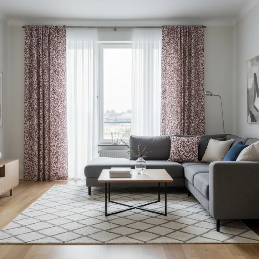 Nordisk Textil Gardiner Mönstrade|Julgardiner|Ester vinröd gardiner med tidlöst bladmönster