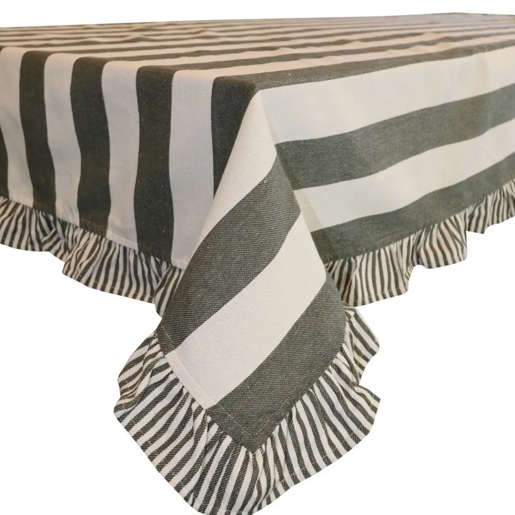 Bordsduk|Filippa grön bordsduk 140x250 cm – Randig duk med volang