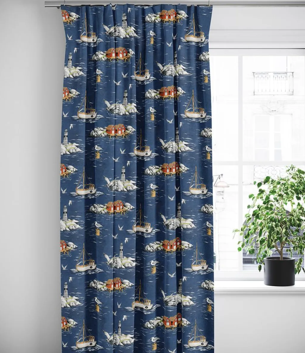 Arvidssons textil Gardiner Mönstrade|Fiskeskär mörkblå gardiner