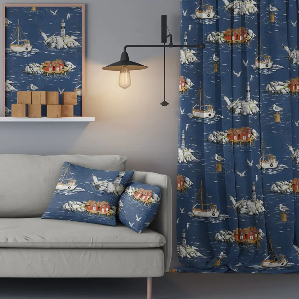 Arvidssons textil Gardintyger Mönstrade|Arvidssons Textil|Fiskeskär mörkblå tyg