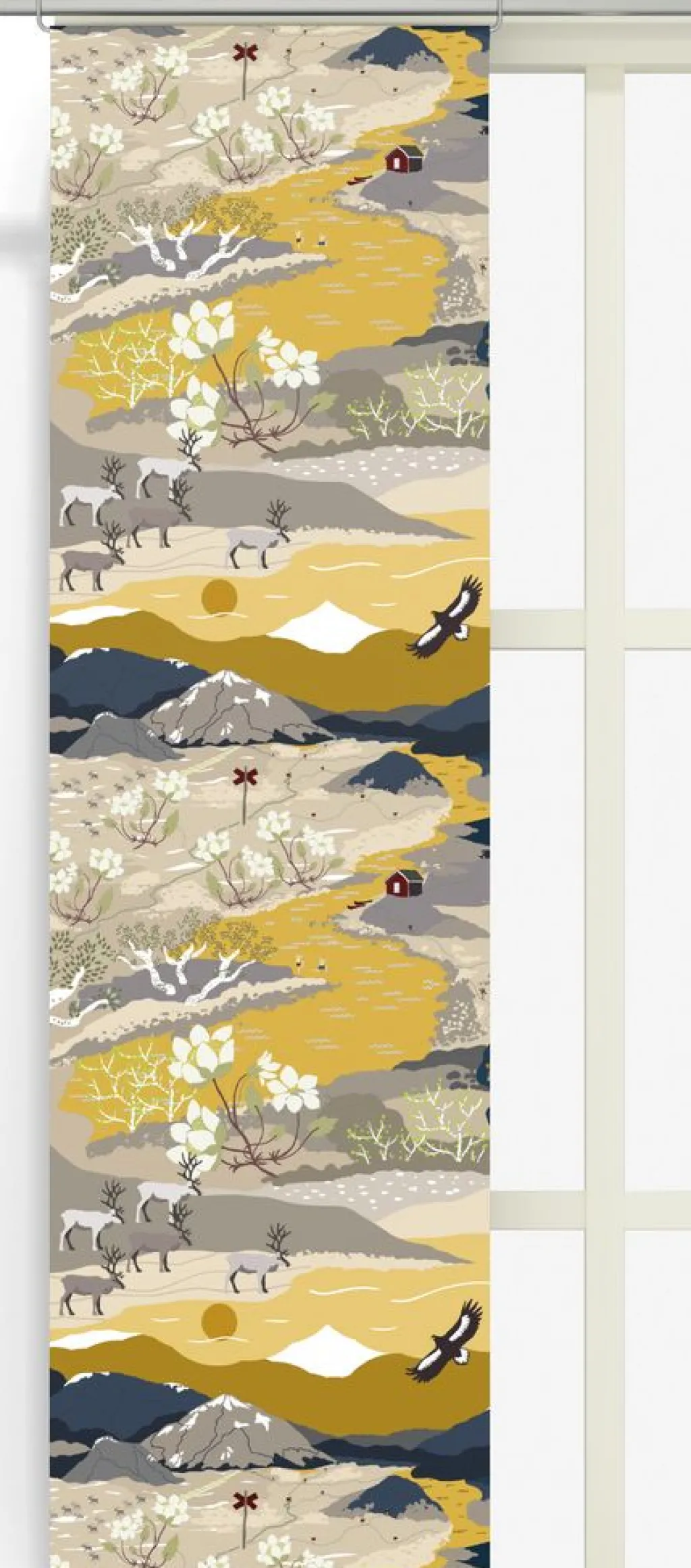 Arvidssons textil Panelgardiner|Fjällvandring gul-blå panelgardiner med fjällmotiv