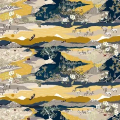 Arvidssons textil Gardintyger Mönstrade|Arvidssons Textil|Fjällvandring gul-blå tyg