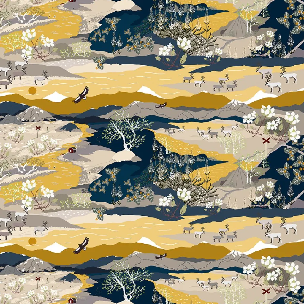 Arvidssons textil Gardintyger Mönstrade|Arvidssons Textil|Fjällvandring gul-blå tyg