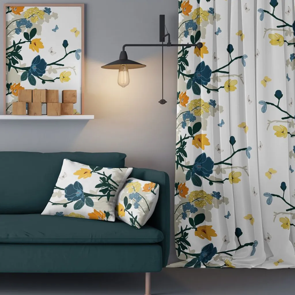 Arvidssons textil Gardiner Mönstrade|Fjärilsträdgården blå-gul gardiner