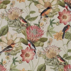 Blommiga Möbeltyger|Mönstrade Möbeltyger|Floral botanic bird möbeltyg - fyllt av blomster och färgsprakande fåglar