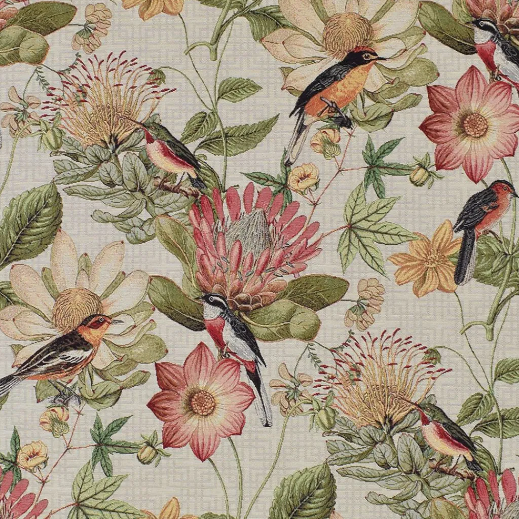 Blommiga Möbeltyger|Mönstrade Möbeltyger|Floral botanic bird möbeltyg - fyllt av blomster och färgsprakande fåglar