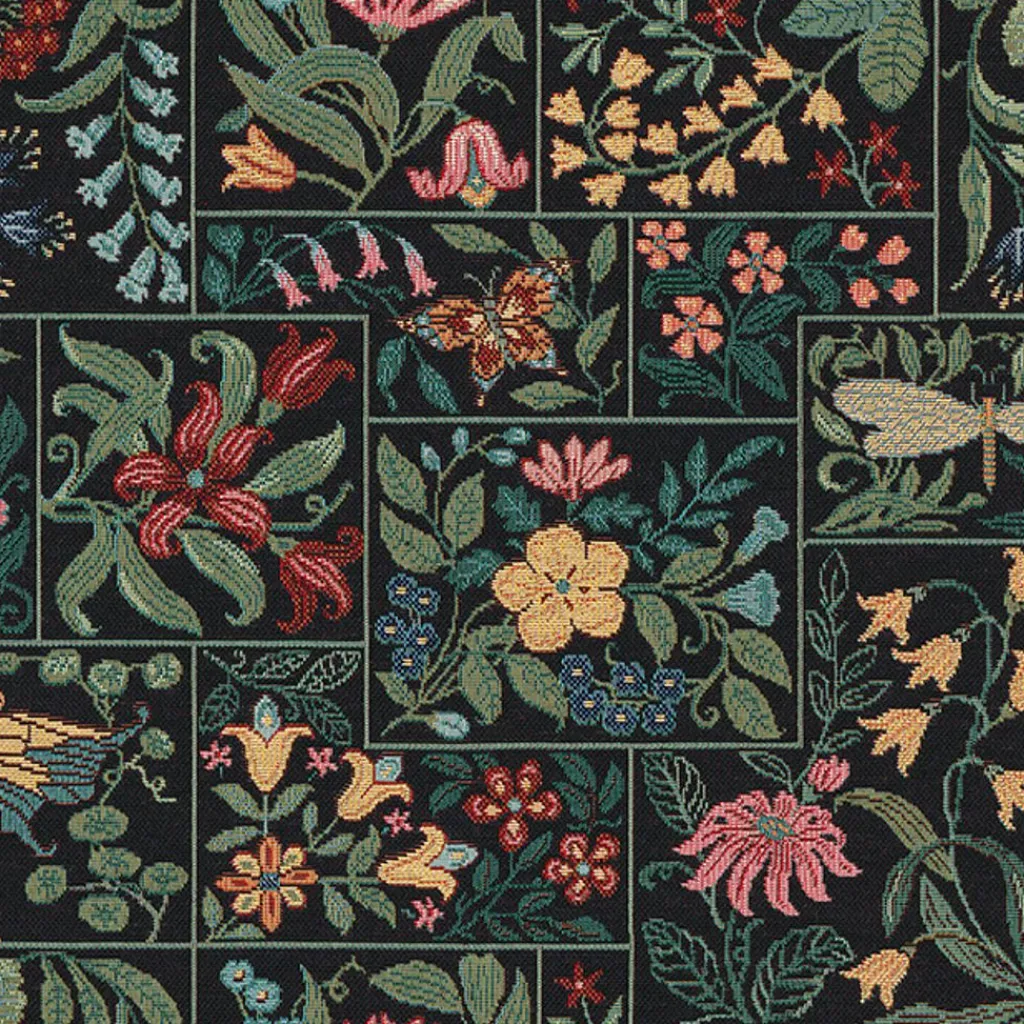 Blommiga Möbeltyger|Mönstrade Möbeltyger|Folklore patch flowers svart möbeltyg