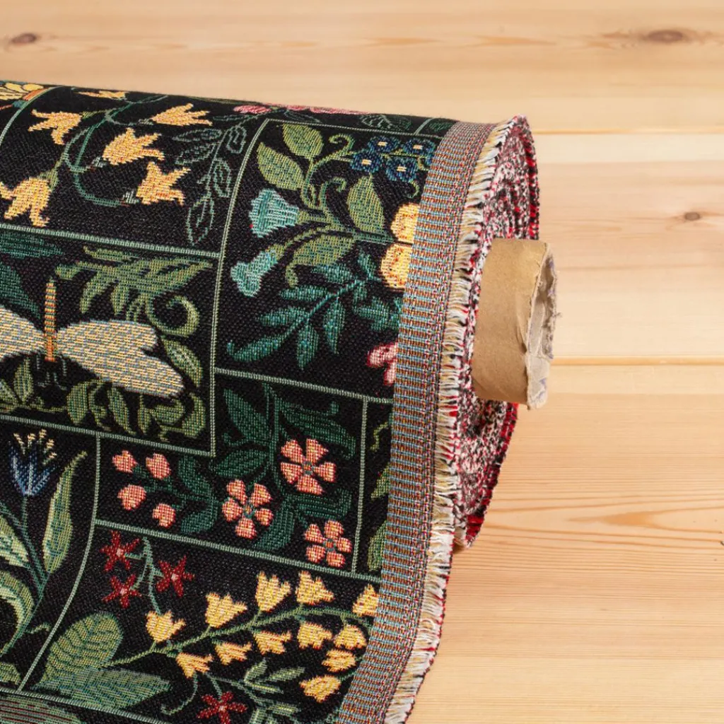 Blommiga Möbeltyger|Mönstrade Möbeltyger|Folklore patch flowers svart möbeltyg