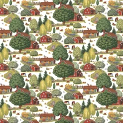 Arvidssons textil Gardintyger Mönstrade|Arvidssons Textil|Ginkalunda grön-rött tyg – lantligt mönster med svensk idyll