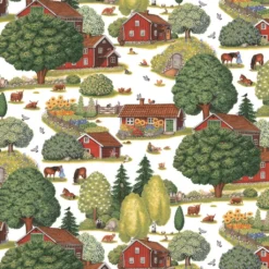 Arvidssons textil Gardintyger Mönstrade|Arvidssons Textil|Ginkalunda grön-rött tyg – lantligt mönster med svensk idyll