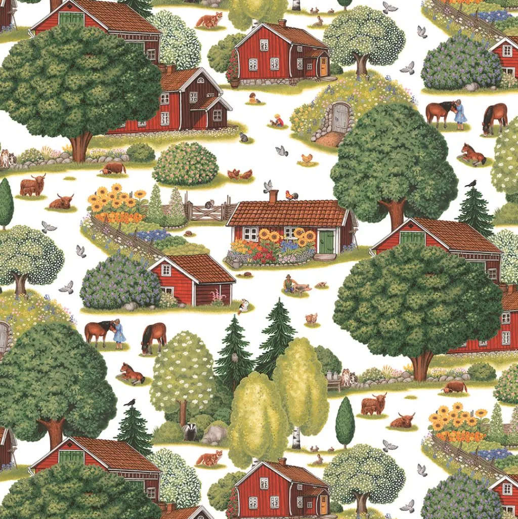 Arvidssons textil Gardintyger Mönstrade|Arvidssons Textil|Ginkalunda grön-rött tyg – lantligt mönster med svensk idyll