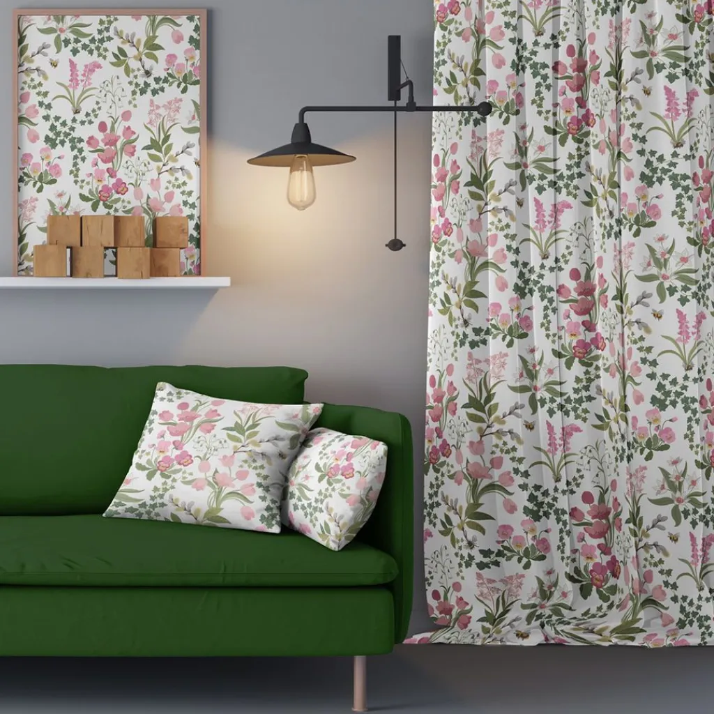 Arvidssons textil Gardiner Mönstrade|Humlegården rosa-grön gardiner