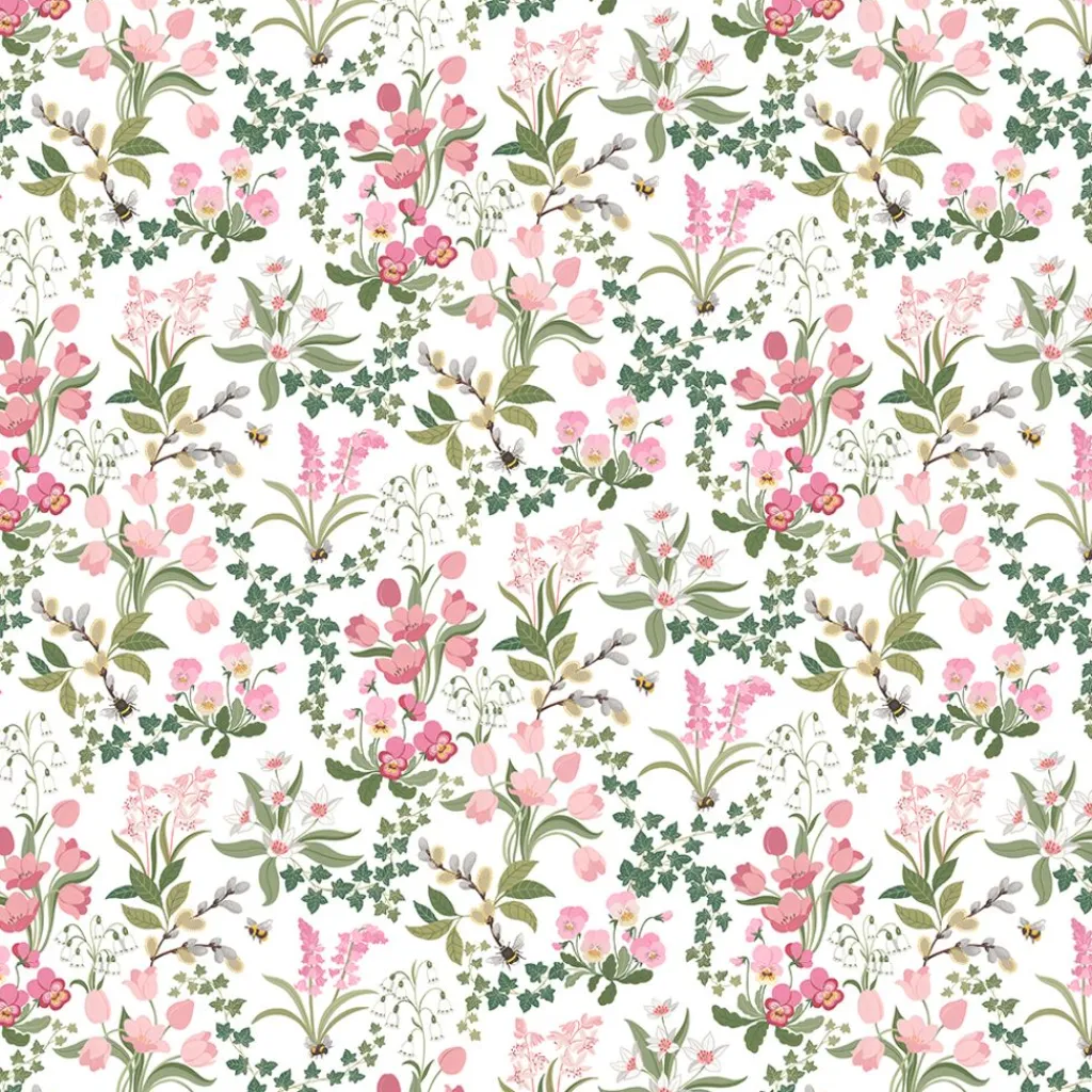 Arvidssons textil Gardintyger Mönstrade|Arvidssons Textil|Humlegården rosa-grön tyg med charmigt blomstermotiv