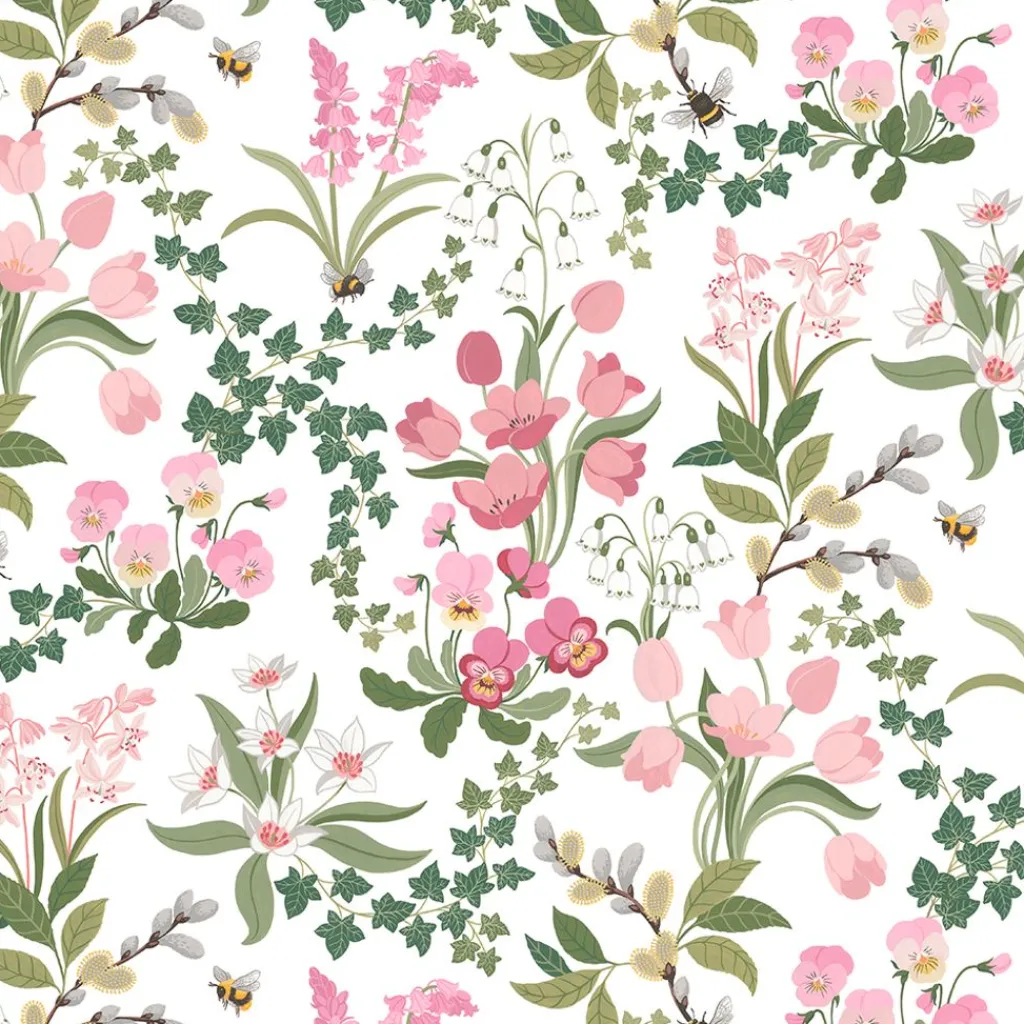 Arvidssons textil Gardintyger Mönstrade|Arvidssons Textil|Humlegården rosa-grön tyg med charmigt blomstermotiv