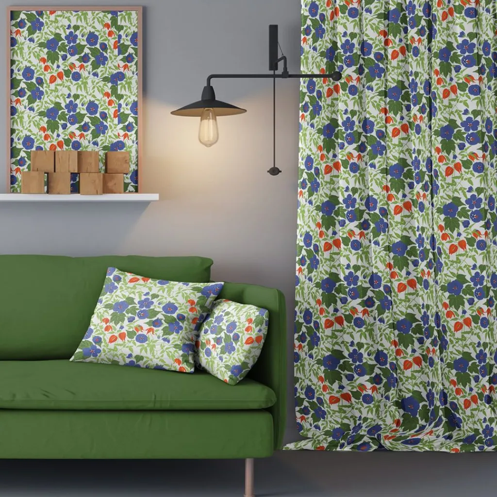 Arvidssons textil Gardiner Mönstrade|Husknuten blå gardiner