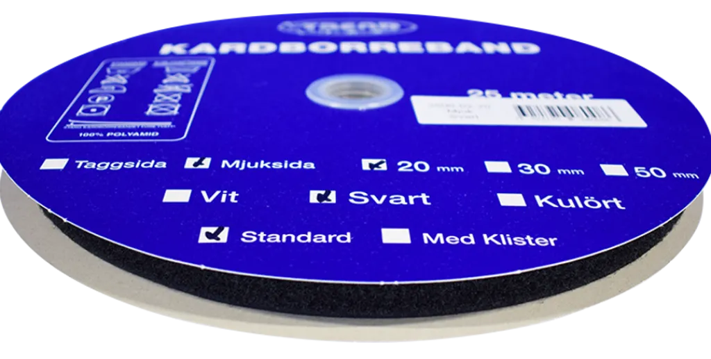 Kardborreband|Kardborreband mjuk svart 20mm - 25m rulle