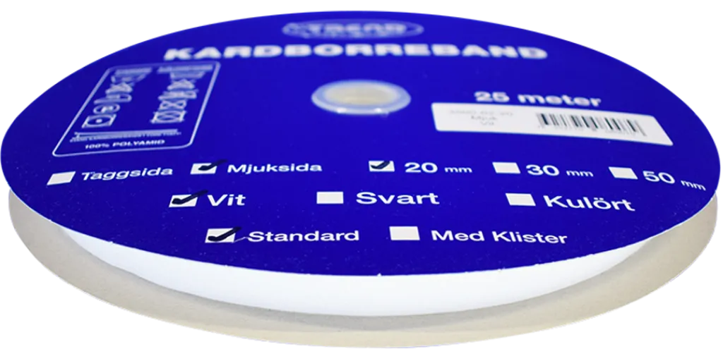 Kardborreband|Kardborreband mjuk vit 20mm - 25m rulle