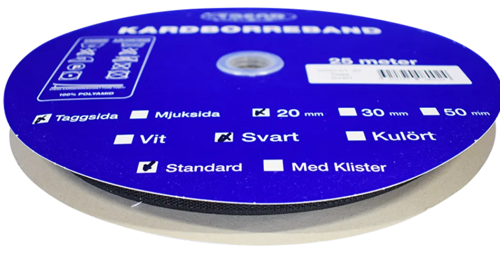 Kardborreband|Kardborreband tagg svart 20mm - 25m rulle